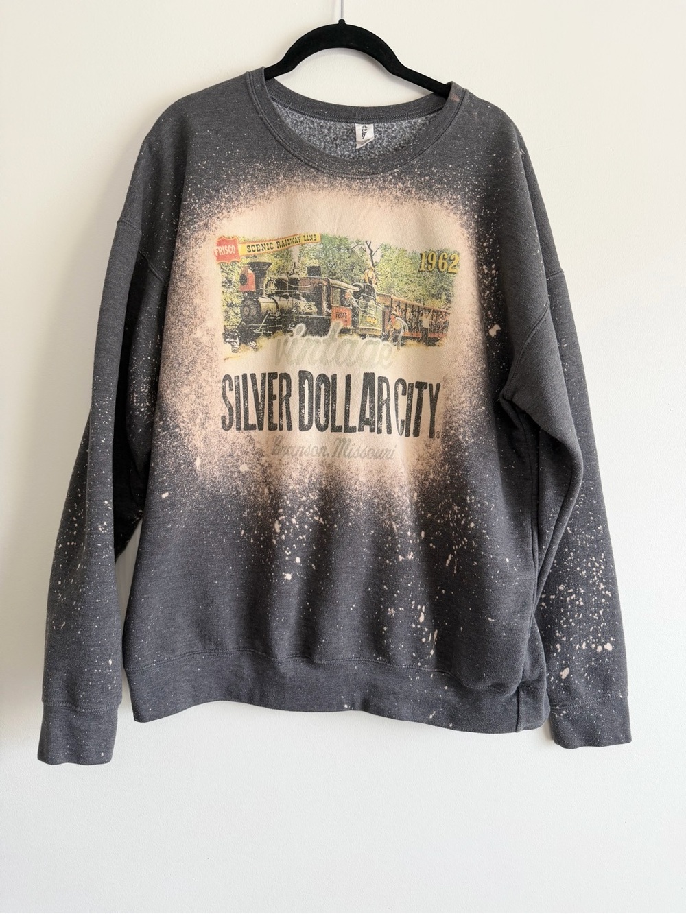 Tultex Branson MOCharcoal Crewneck Sweatshirt with Bleach-Splatter Train Graphic